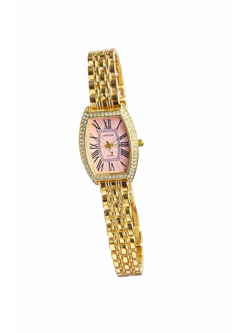 Cartier Quartz Gold-Tone Watch with Crystal Bezel and Pink Roman Dial – Curved Case